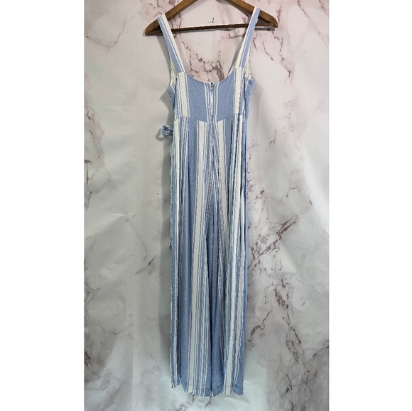 Lulus Jumpsuit Womens Small White Blue Striped Tank Wide Leg Crop Tie Faux Wrap - Picture 6 of 12